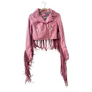 Dolls Kill Sugar Thrillz Vegan Leather Cropped Fringe Moto Jacket Pink Size: Xxs